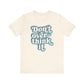 Beige t-shirt with 'Don't overthink it' text in blue on a white background