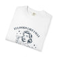 White t-shirt with graphic design and text on a white background