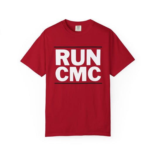 Red t-shirt with 'RUN CMC' text on a white background
