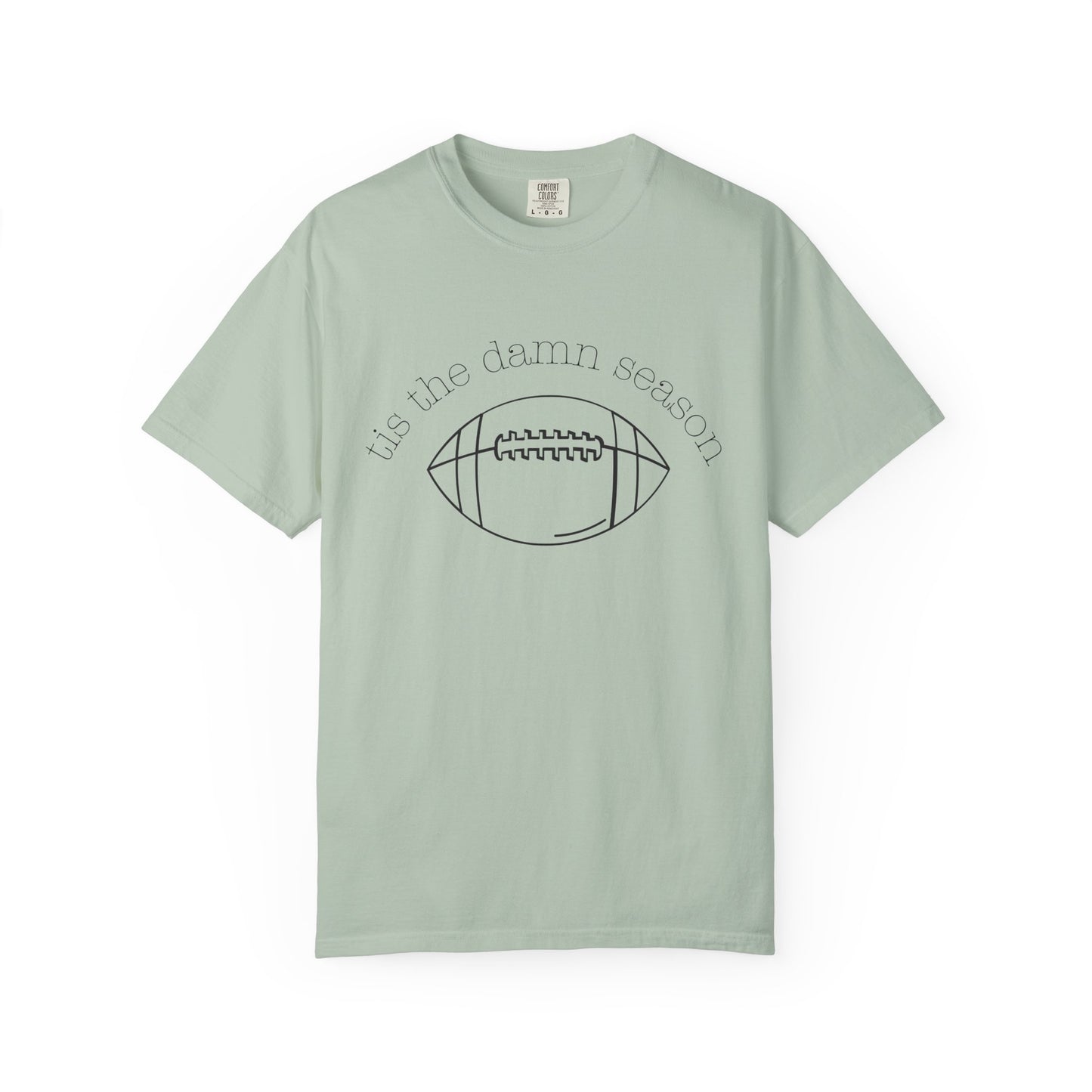 Mint green t-shirt with football graphic and text on a white background