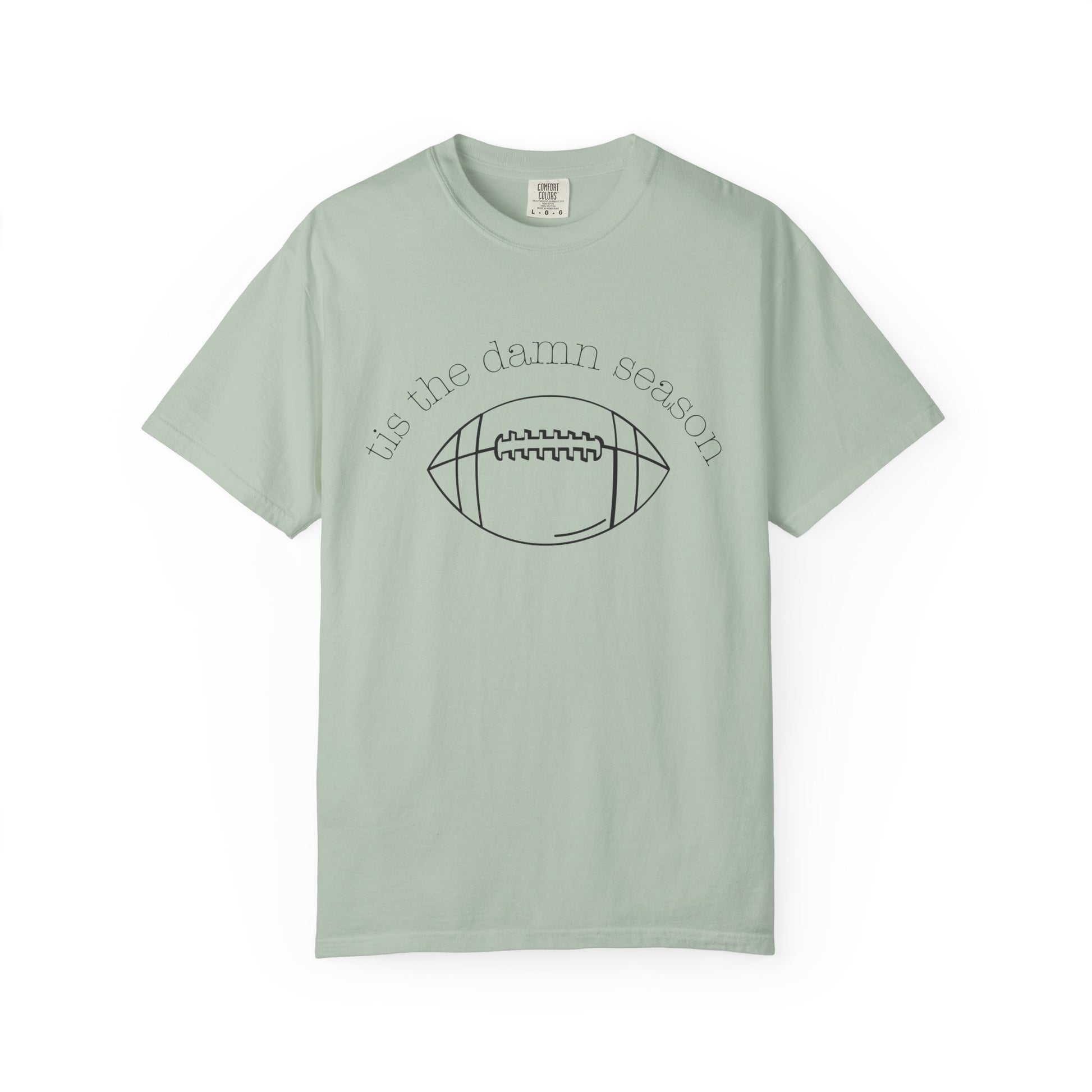 Mint green t-shirt with football graphic and text on a white background