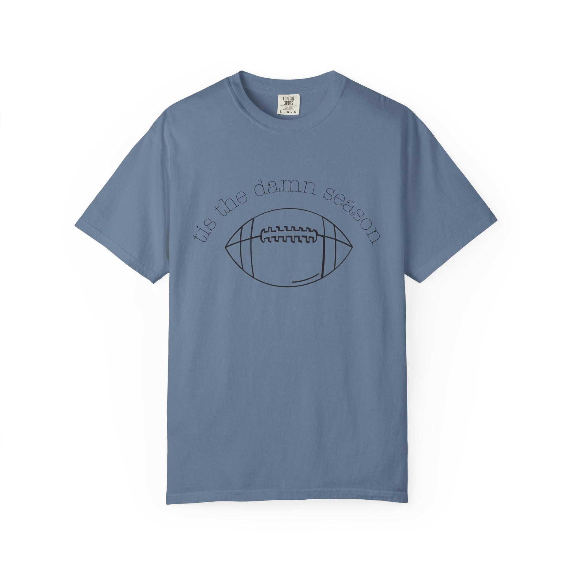 Blue t-shirt with football graphic and text on a white background