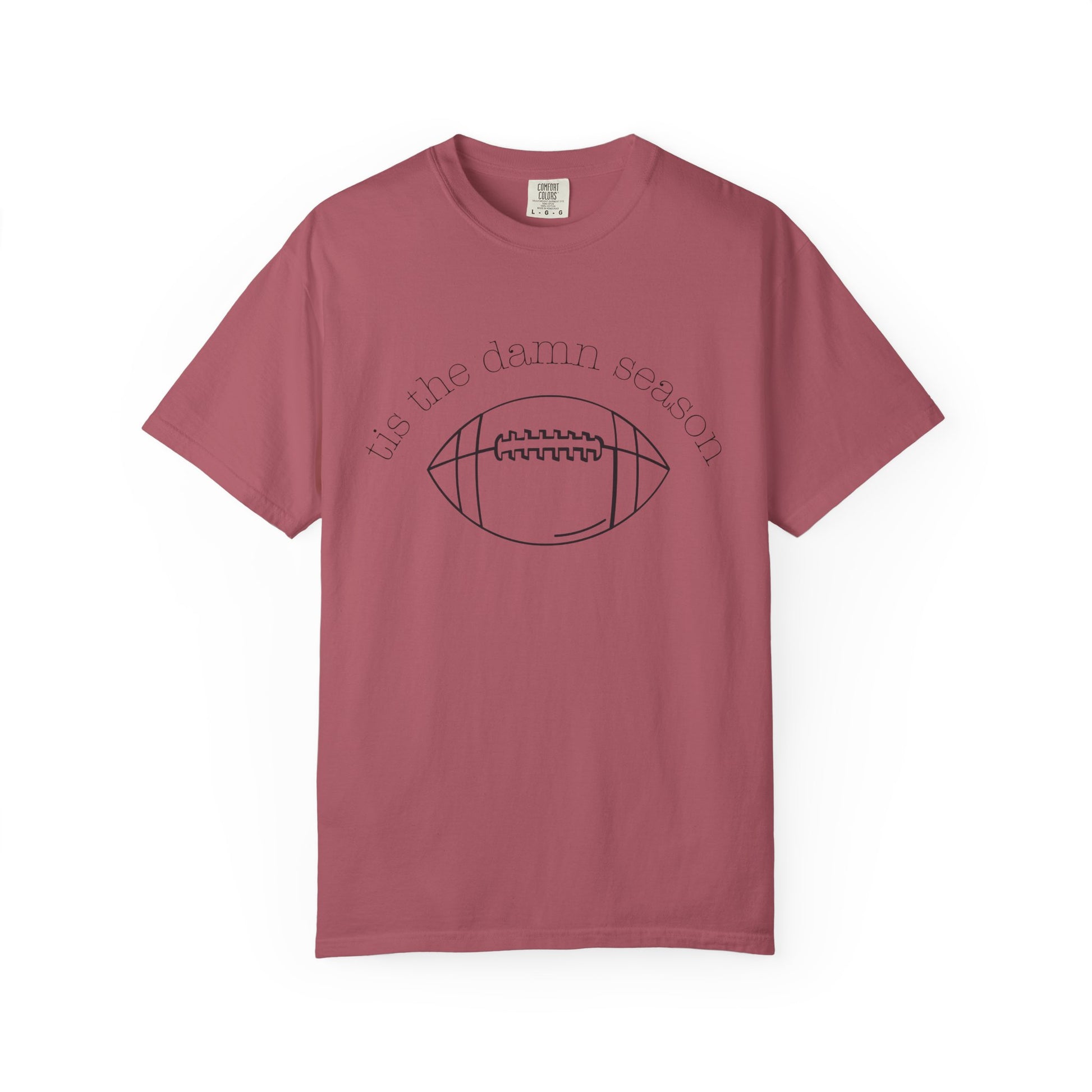 Maroon t-shirt with football graphic and text on a white background