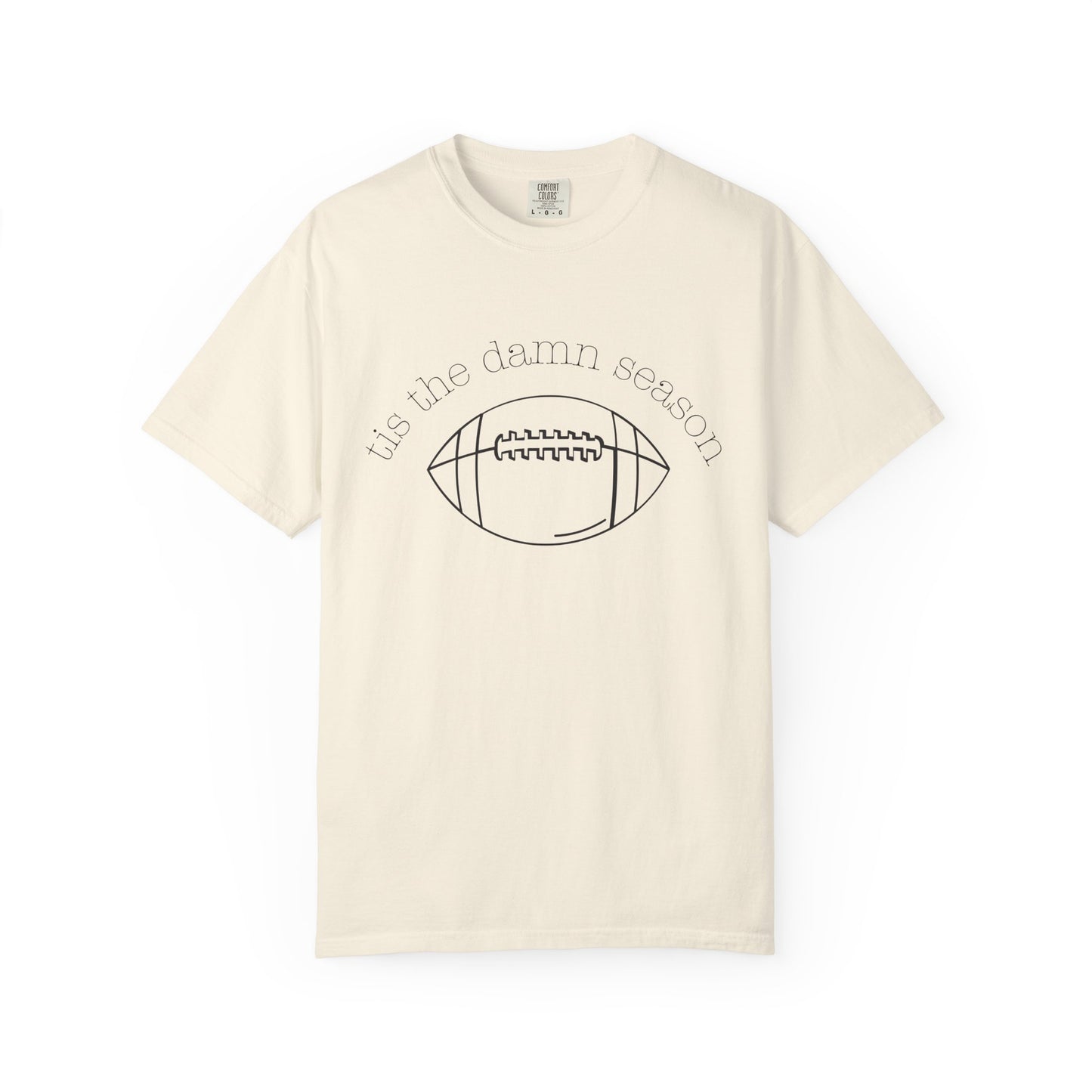 Beige t-shirt with football graphic and text on a white background