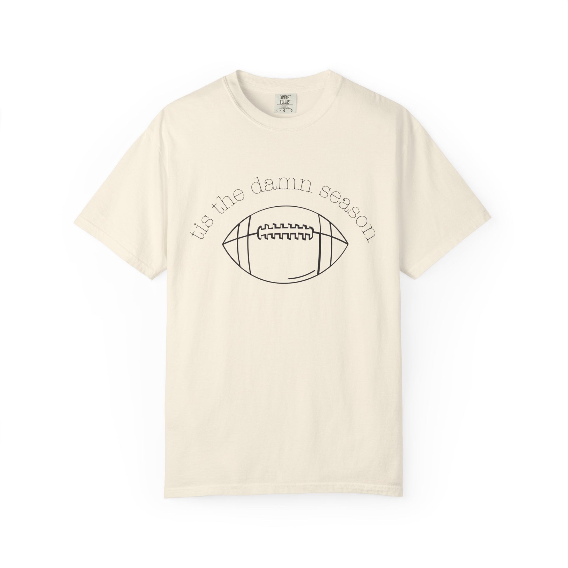 Beige t-shirt with football graphic and text on a white background