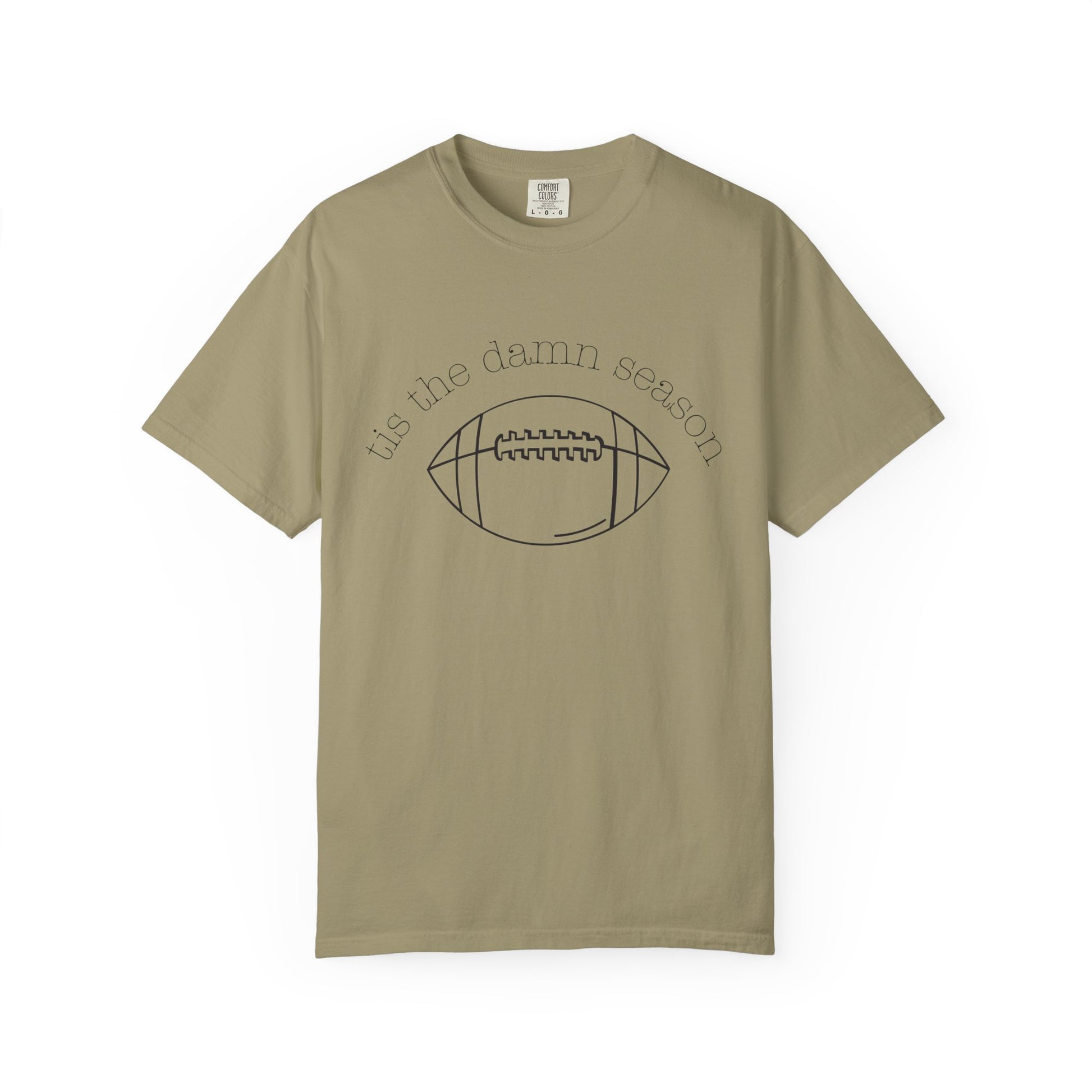 Khaki t-shirt with football graphic and text 'tis the damn season on a white background