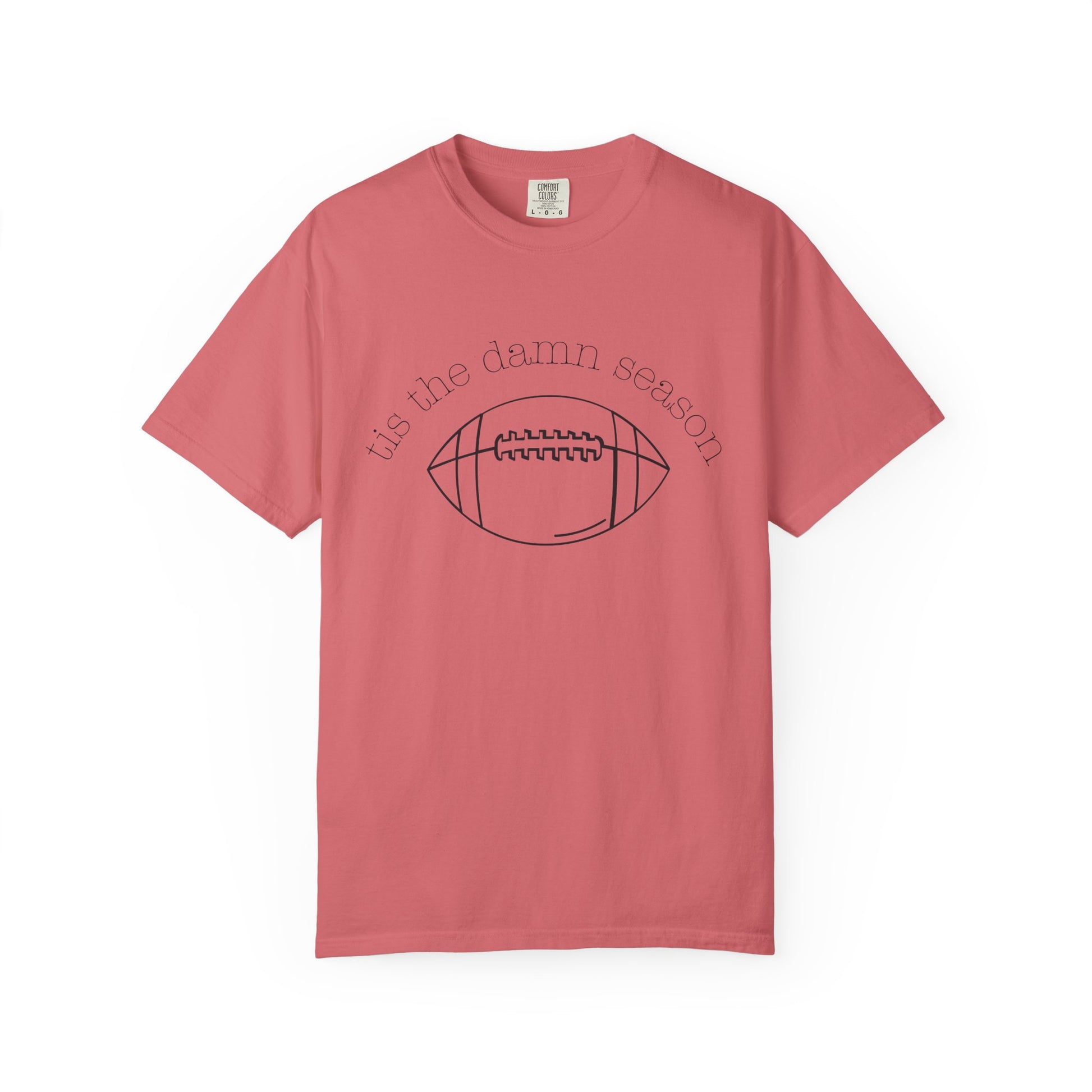 Pink t-shirt with football graphic and text on a white background