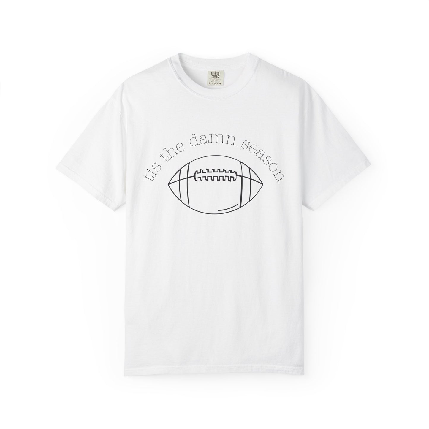 White t-shirt with football graphic and text on a white background