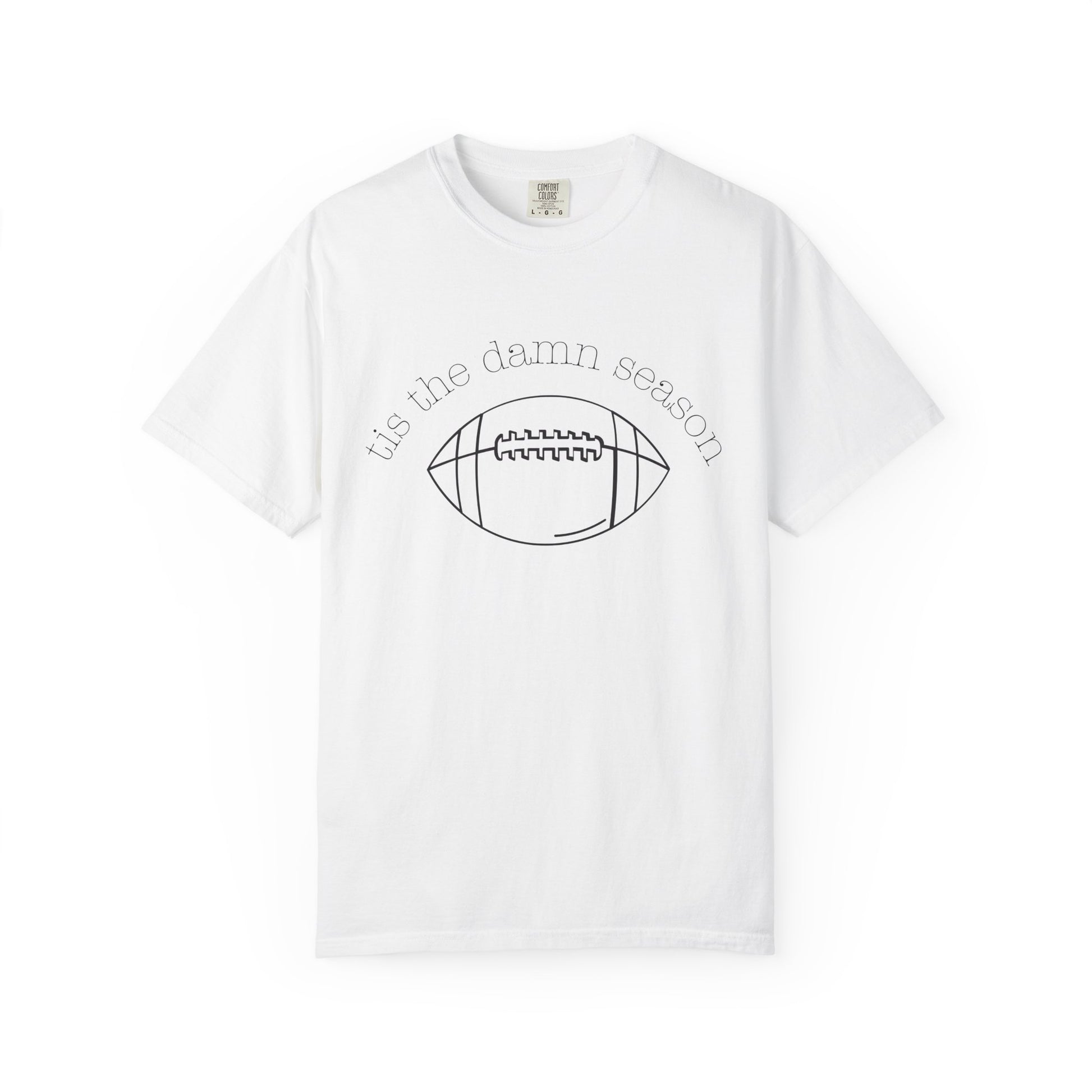 White t-shirt with football graphic and text on a white background