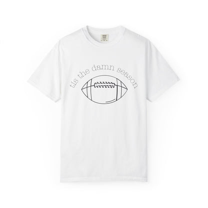 White t-shirt with football graphic and text on a white background