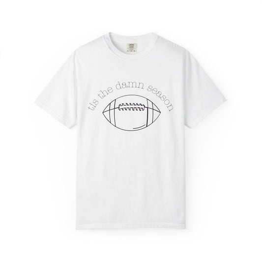 White t-shirt with football graphic and text on a white background
