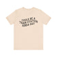 Beige t-shirt with 'could be a train station kinda day' in black text on a white background
