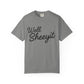 Gray t-shirt with black text 'Well Sheeyit' 