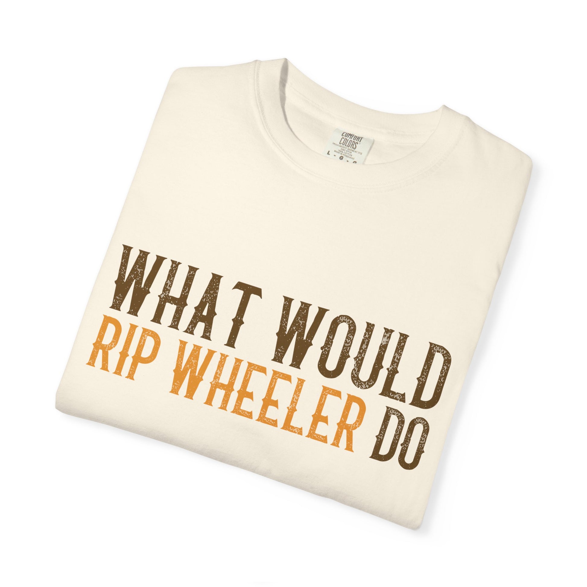 Folded t-shirt with text 'What Would Rip Wheeler Do' on a white background